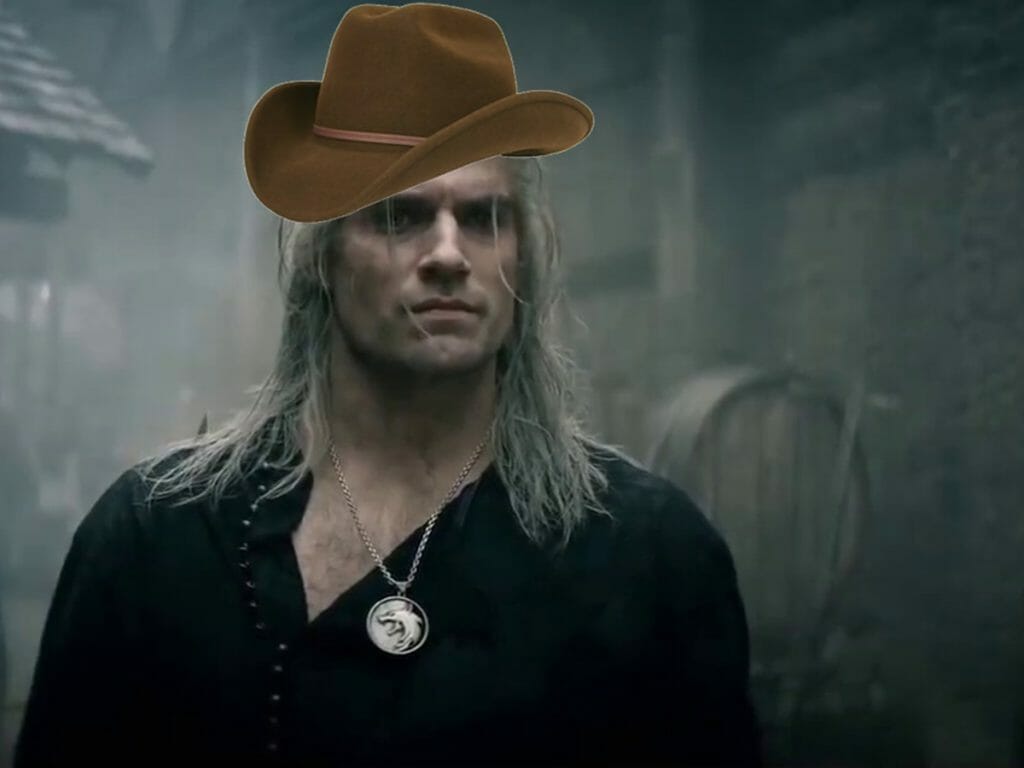 Henry Cavill em The Witcher com chapéu de cowboy