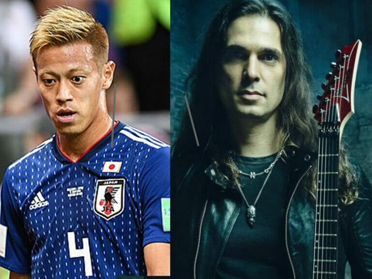 O jogador japonês keisuke Honda e o guitarrista brasileiro Kiko Loureiro
