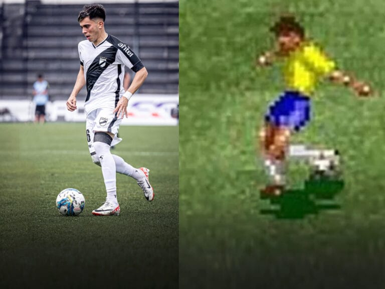 O jogador Alejo Cruz e o persoangem Allejo, do game Intetnational Super Star Soccer