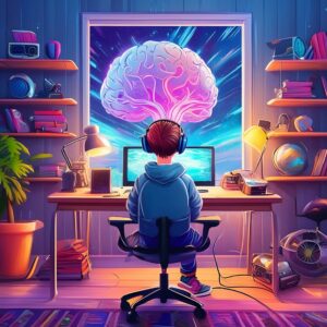 Firefly Dentro do seu quarto, garoto jogando videogame controlando o game pelo cérebro