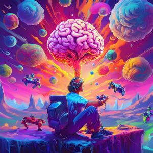 Firefly jovem jogando videogame e sua mente expandindo com figuras de jogos e um grande cérebro ao f (1)